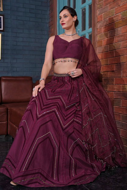 Silk Lehnga With Peacock Motif - MAROON