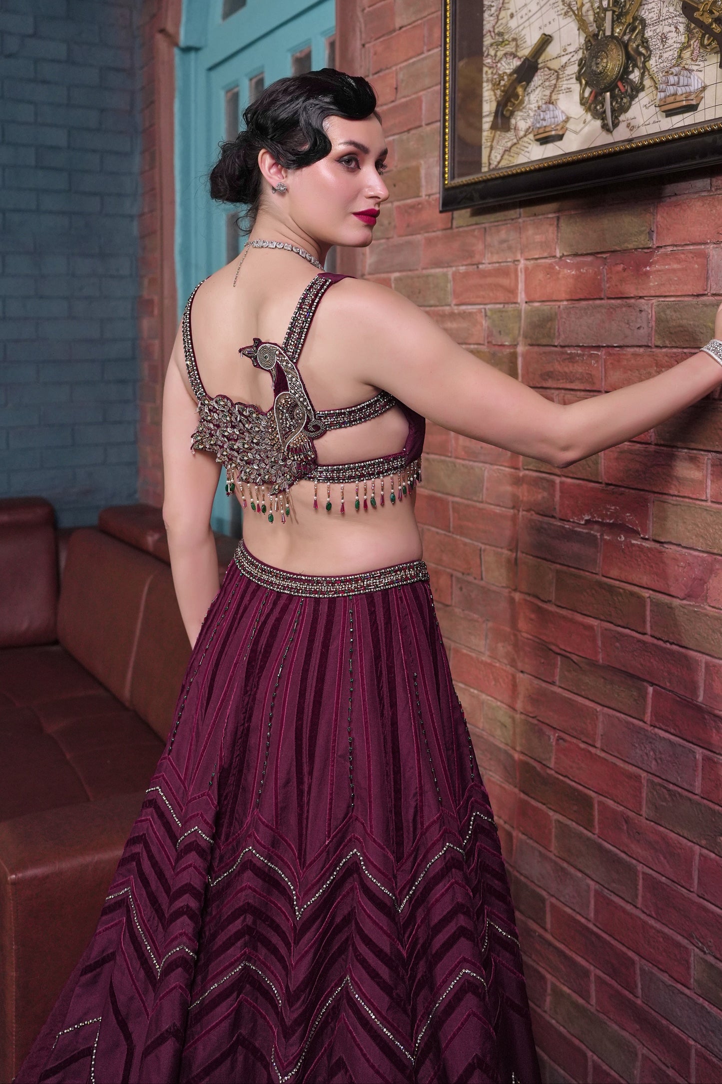 Silk Lehnga With Peacock Motif - MAROON