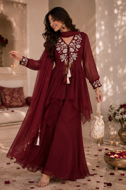 Aari & Abla Sharara Set - MAROON