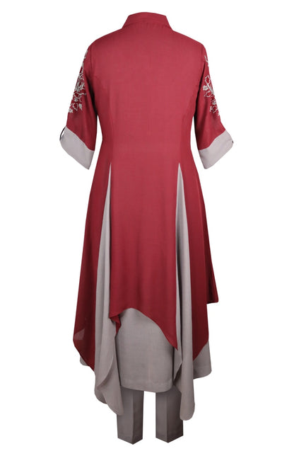 Voile Dual Asymmetric Kurta Set - MAROON