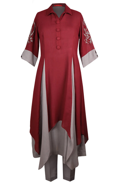 Voile Dual Asymmetric Kurta Set - MAROON