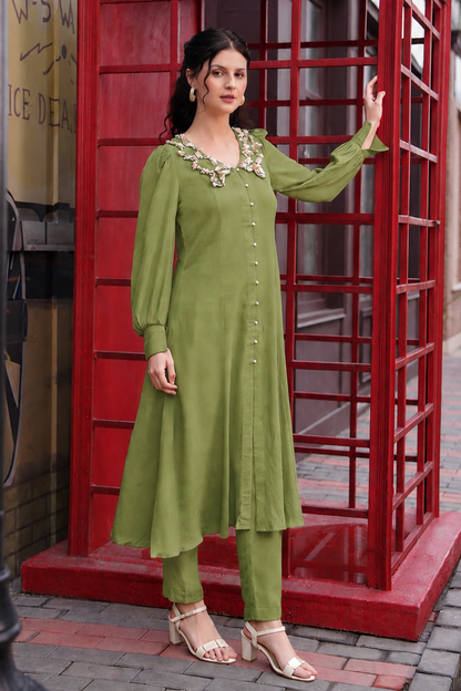 Sea Shells Kalidar Kurta Set - OLIVE