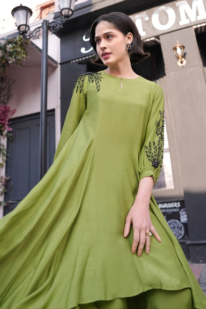 Ferns Asymmetric Kurta Set - MATCHA