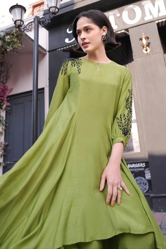 Ferns Asymmetric Kurta Set - MATCHA