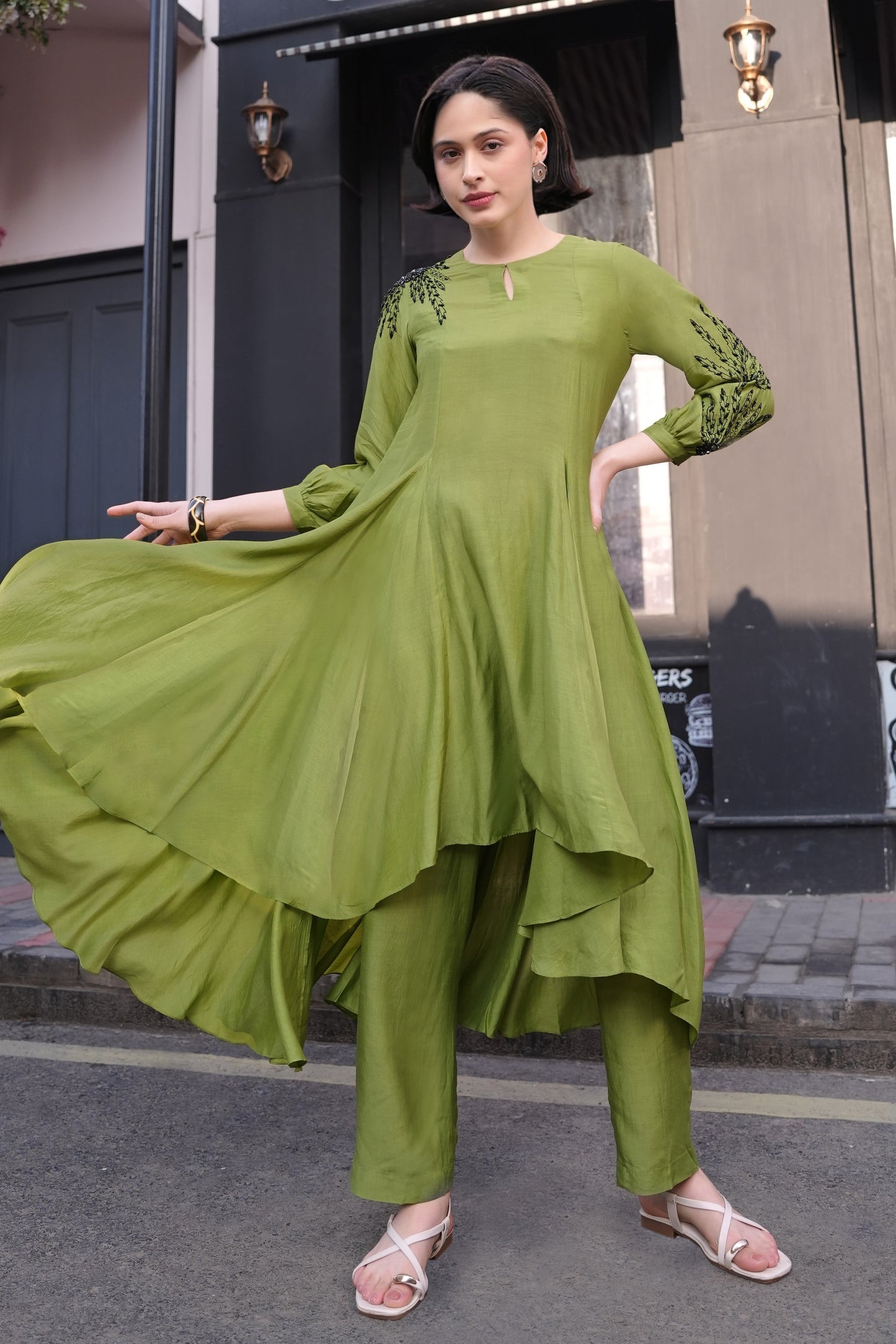 Ferns Asymmetric Kurta Set - MATCHA