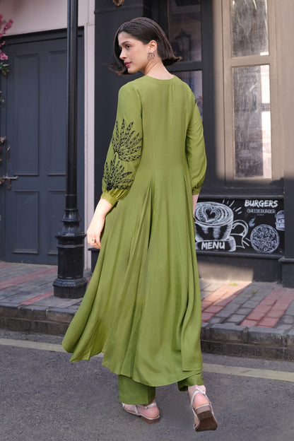 Ferns Asymmetric Kurta Set - MATCHA