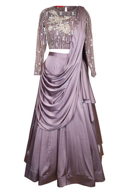 Mauve Satin Lehnga With 3D Embroidery