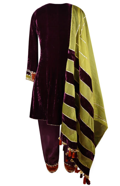 Velvet Short Anarkali With Tulip Pants