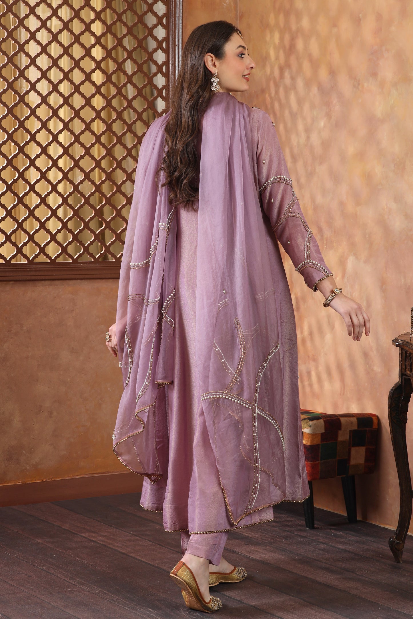 Beads Embroidery Organza Anarkali - MAUVE