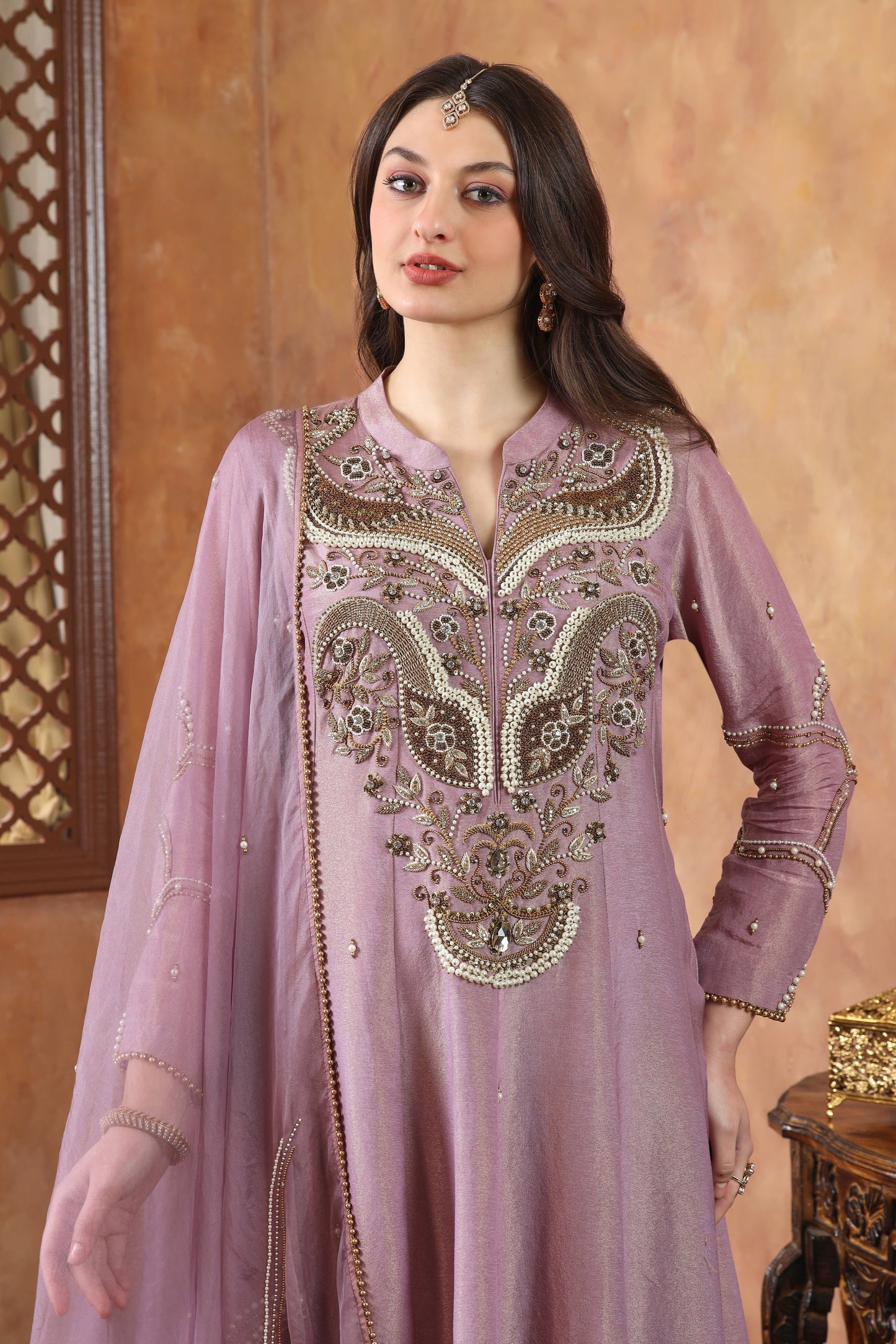 Beads Embroidery Organza Anarkali - MAUVE