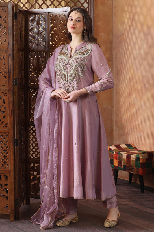 Beads Embroidery Organza Anarkali - MAUVE