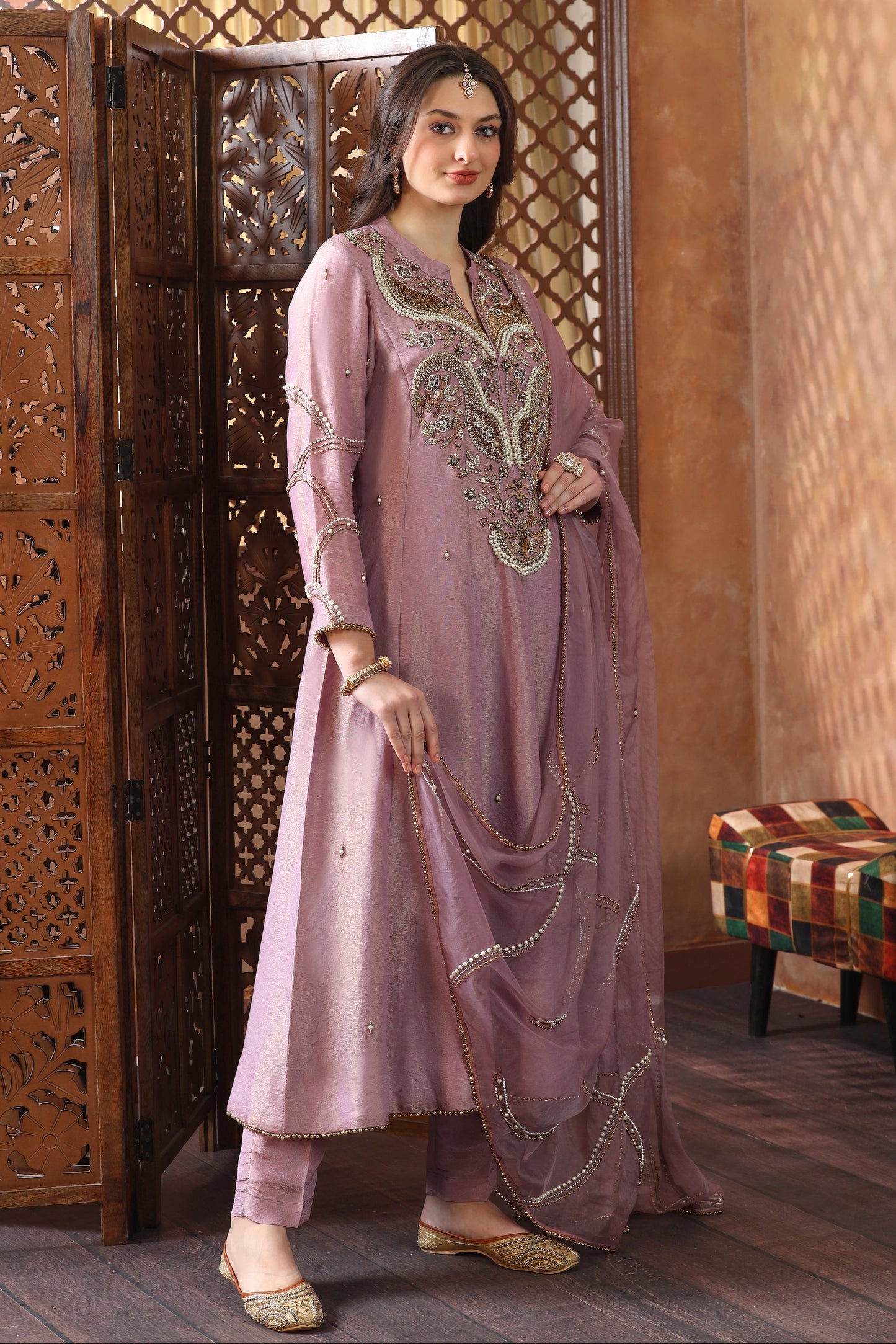 Beads Embroidery Organza Anarkali - MAUVE