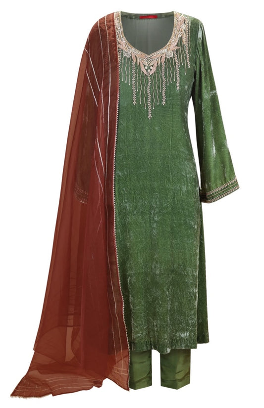 Velvet Suit With 3D Leaves Embroidery