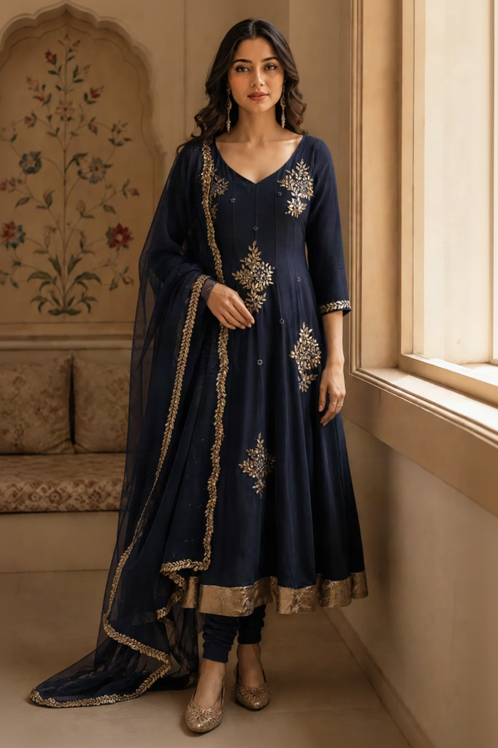 Chiffon Anarkali With Gota Patti Bootas