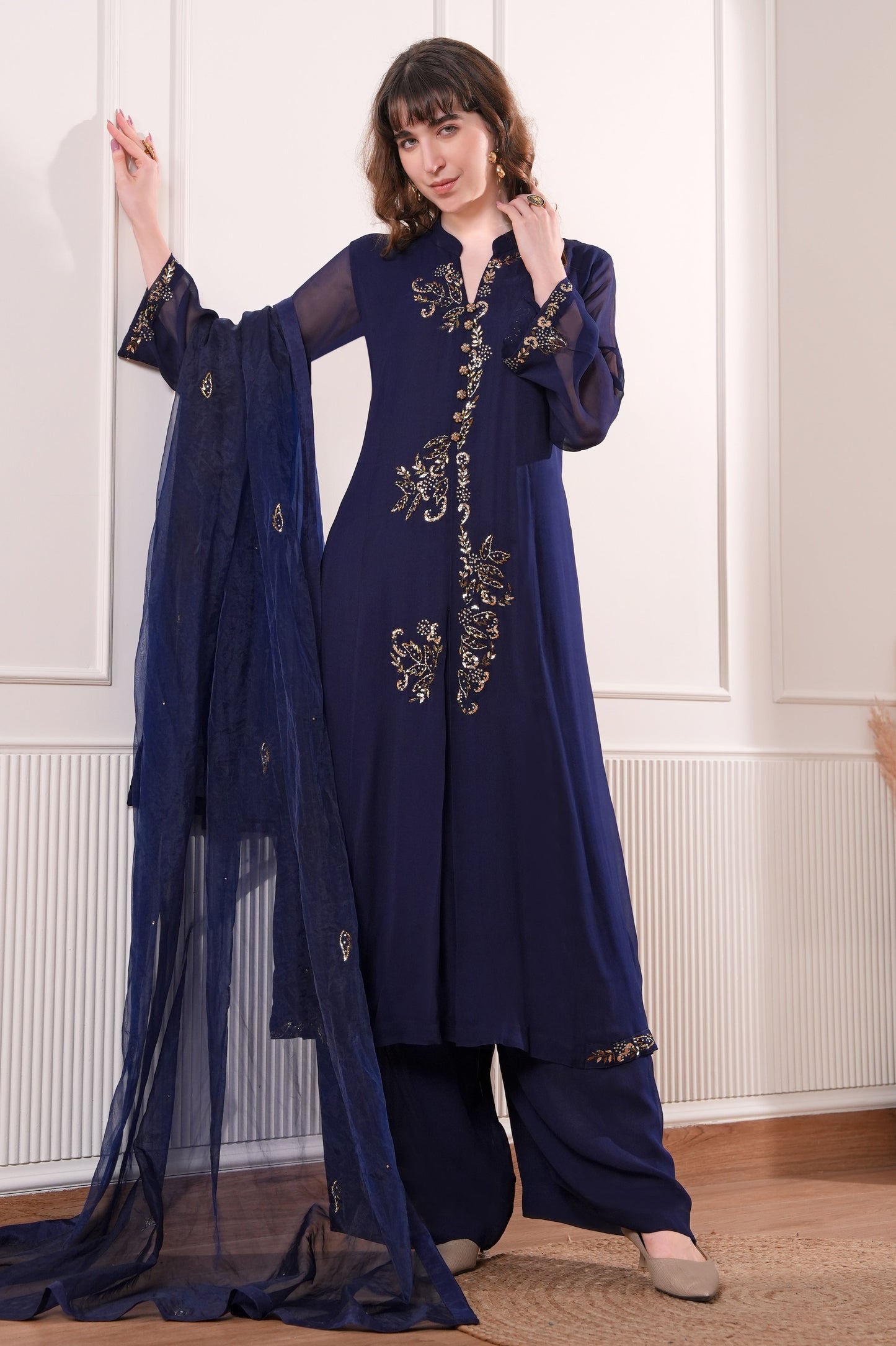 Georgette Kalidar Suit With Mukaish Embroidery - BOTTLE GREEN