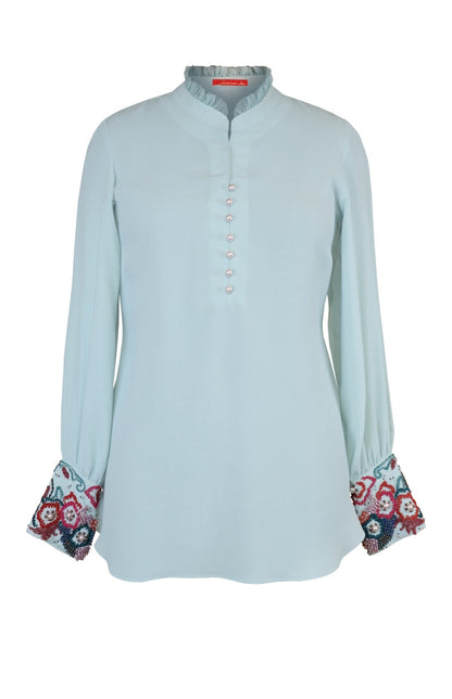 Crepe Top With Embroidered Cuff