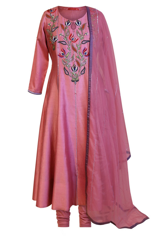 Multicoloured Embroidery Kora Silk Anarkali - OLD ROSE