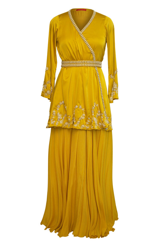 Satin Wrap Tunic With Sharara - MUSTARD