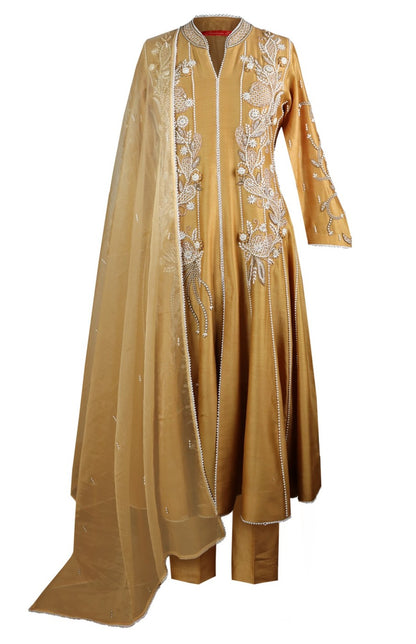 Kora Silk Anarkali With 3D Pearl Embroidery - GOLDEN