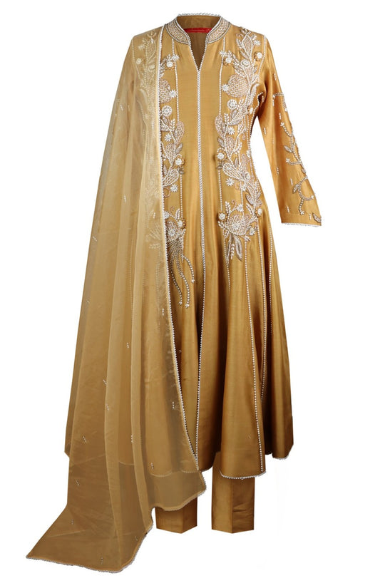 Kora Silk Anarkali With 3D Pearl Embroidery - GOLDEN