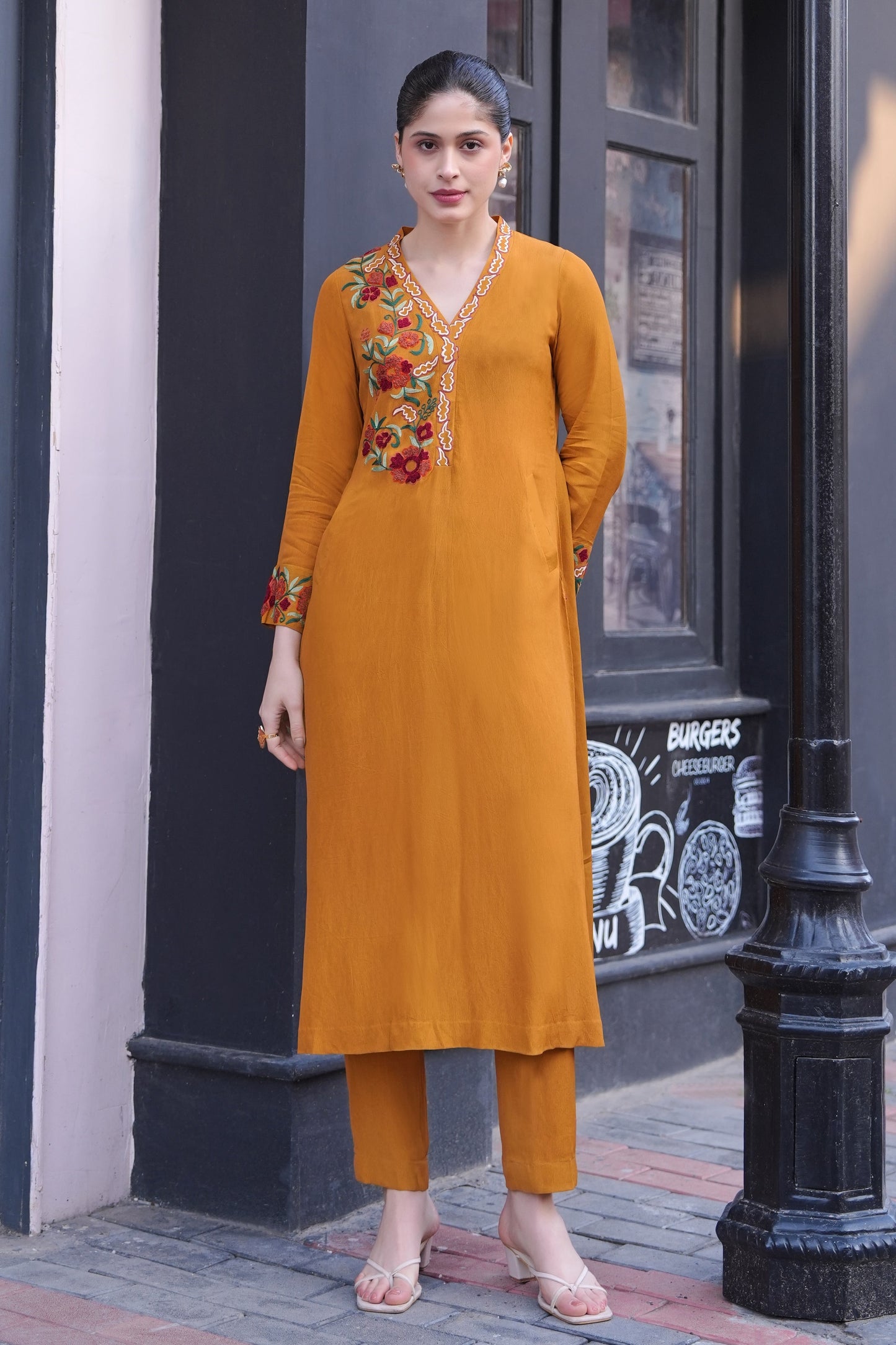Kashmiri Embroidery A-line Kurta Set - MUSTARD