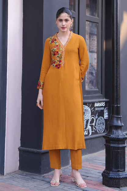 Kashmiri Embroidery A-line Kurta Set - MUSTARD