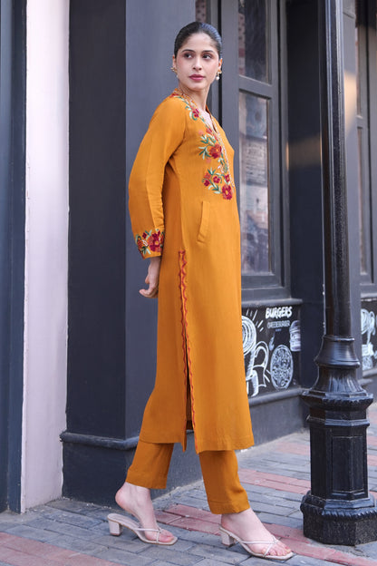 Kashmiri Embroidery A-line Kurta Set - MUSTARD