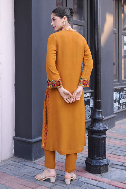 Kashmiri Embroidery A-line Kurta Set - MUSTARD