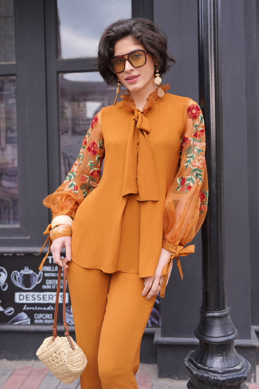 Kashmiri Emb Bishop Sleeves Top - MUSTARD