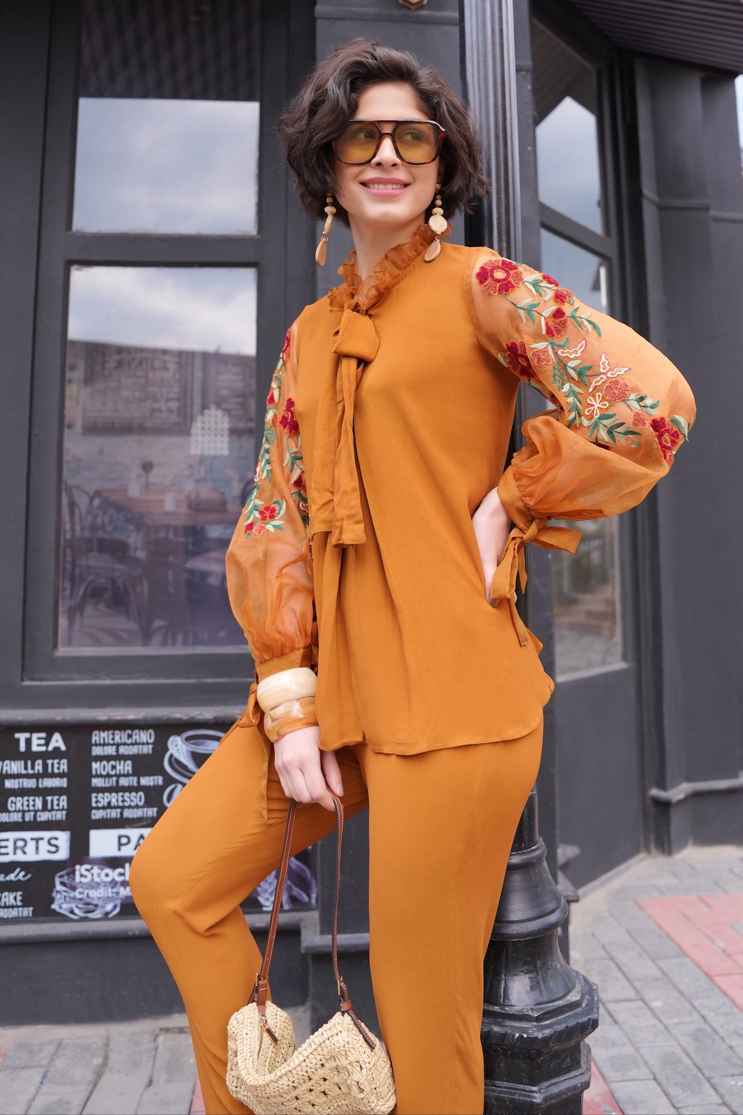 Kashmiri Emb Bishop Sleeves Top - MUSTARD