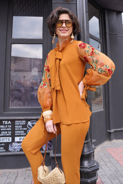 Kashmiri Emb Bishop Sleeves Top - MUSTARD