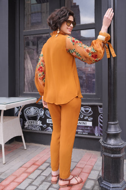 Kashmiri Embroidery Bishop Sleeves Co-ord Set - MUSTARD