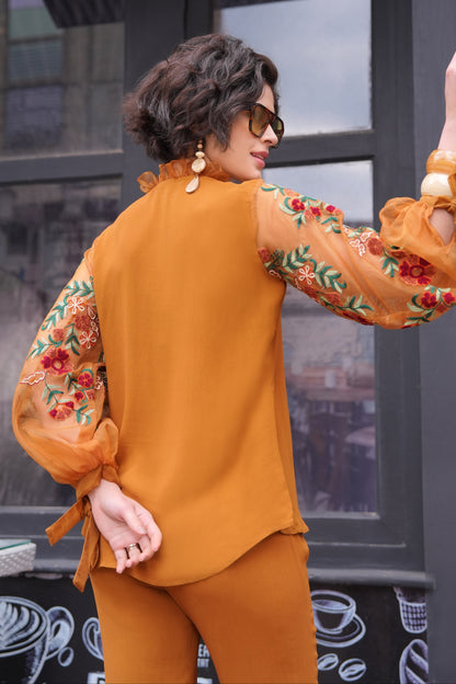 Kashmiri Emb Bishop Sleeves Top - MUSTARD