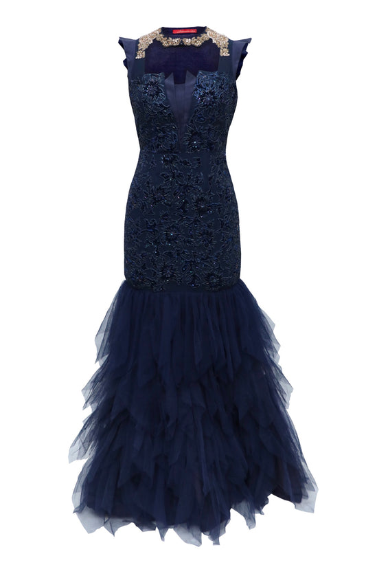 Navy Velvet Applique Mermaid Gown