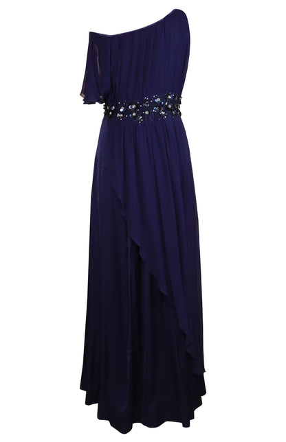 Navy Asymmetric Georgette And Satin Maxi
