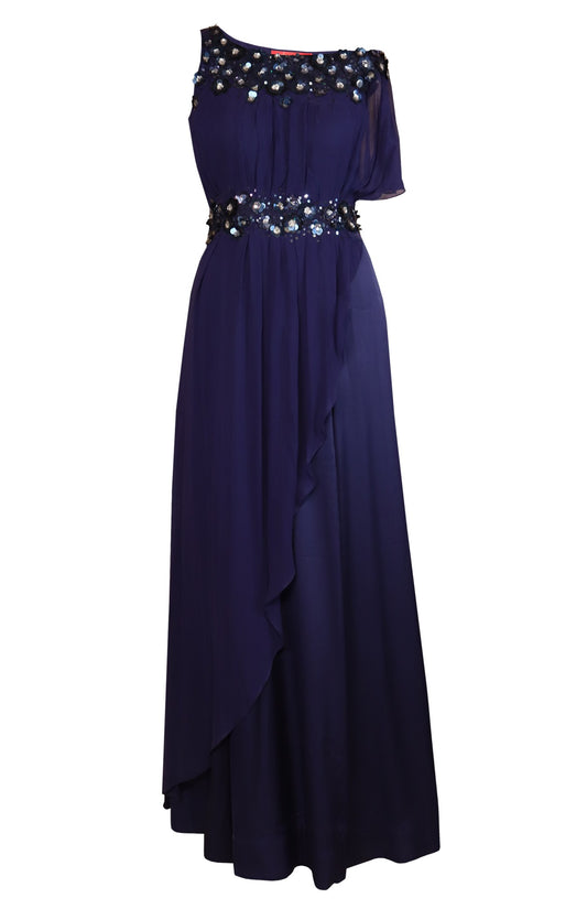 Navy Asymmetric Georgette And Satin Maxi