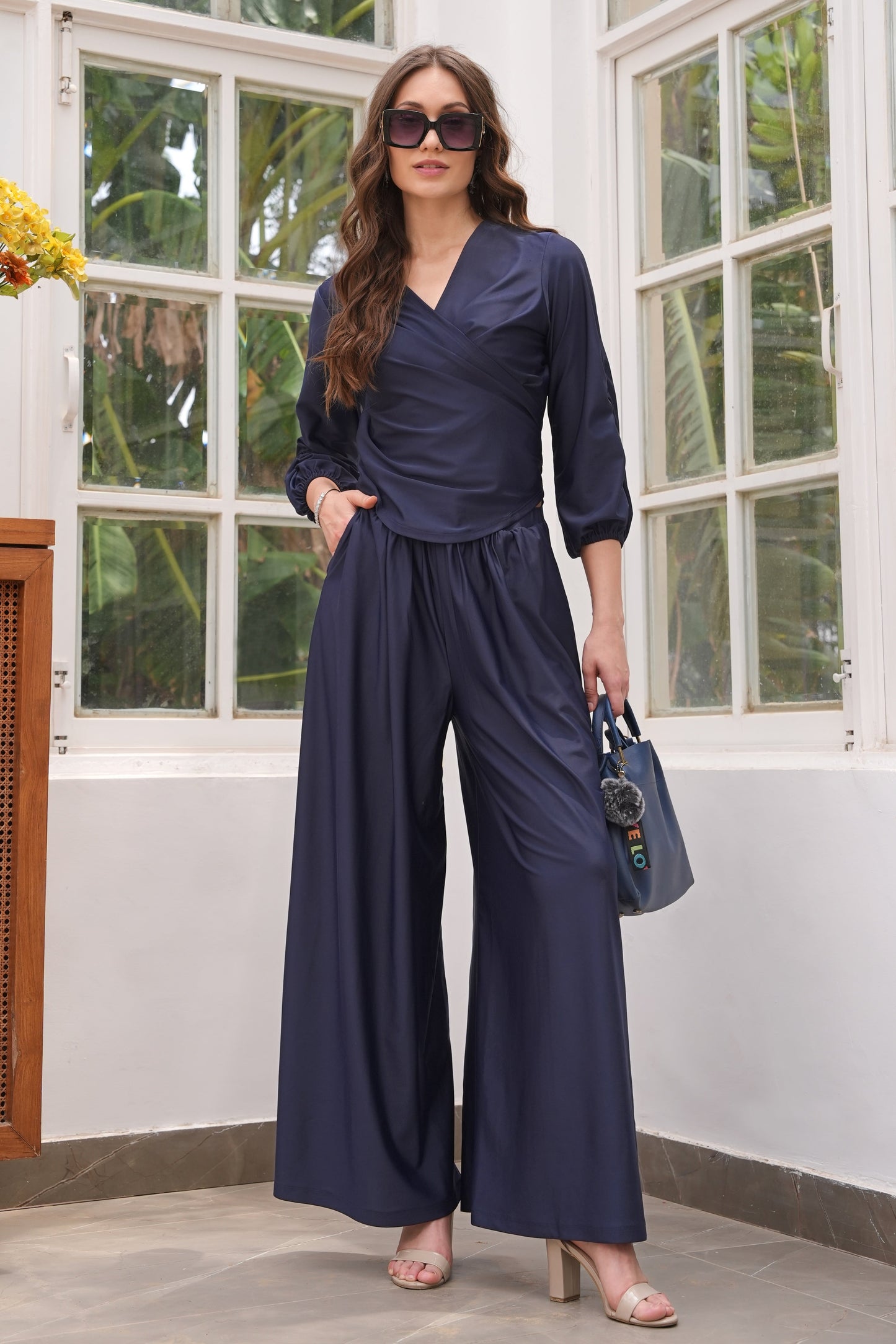 Lycra Wrap Top Co-ord Set - NAVY
