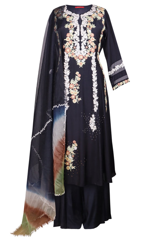 Multicoloured Dori Embroidery Anarkali With Sharara - NAVY