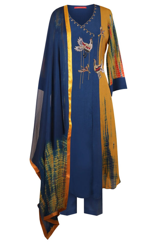 Tie & Dye Angrakha Suit With Birds Embroidery