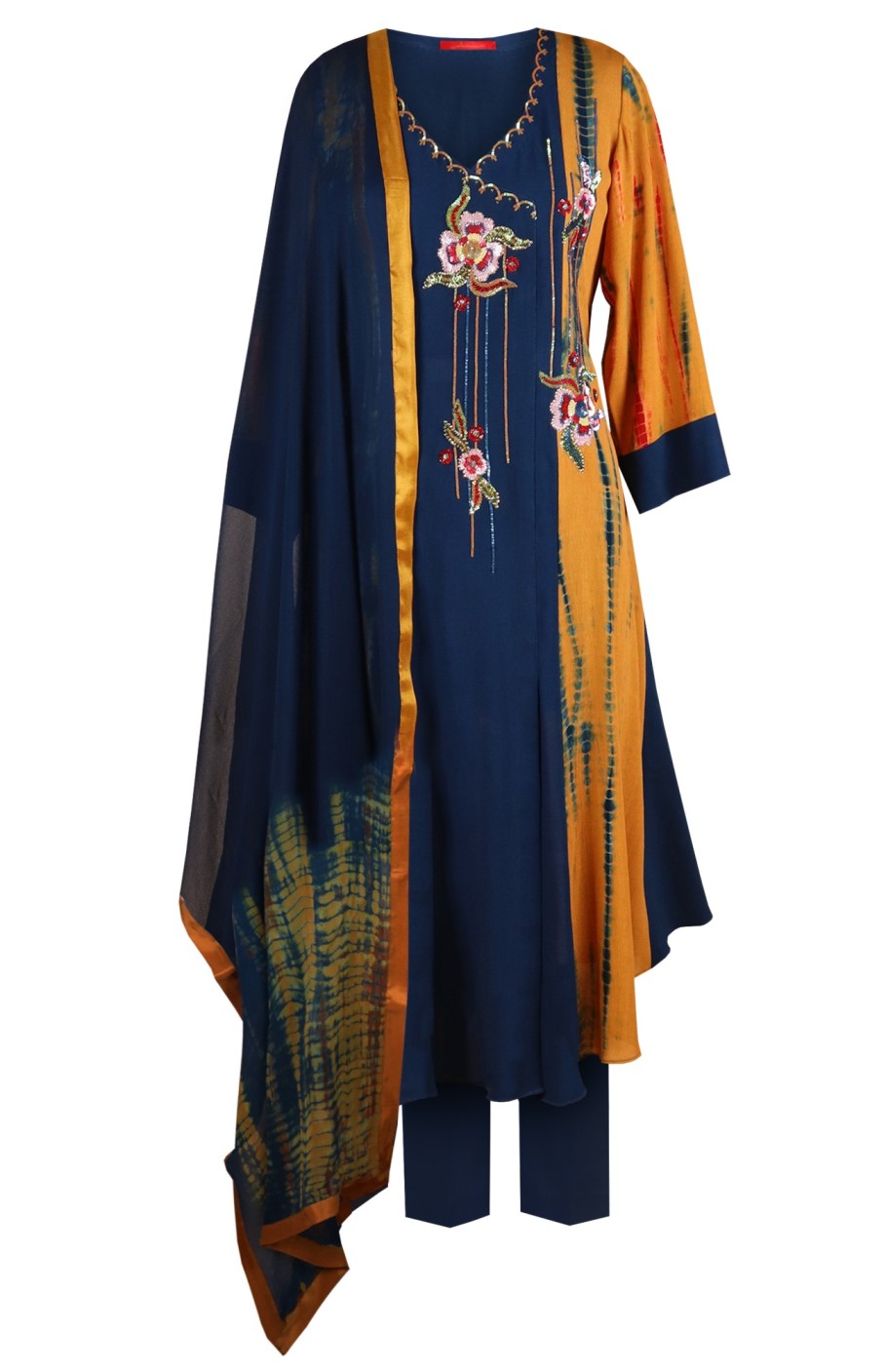 Tie & Dye Angrakha Suit With Floral Embroidery