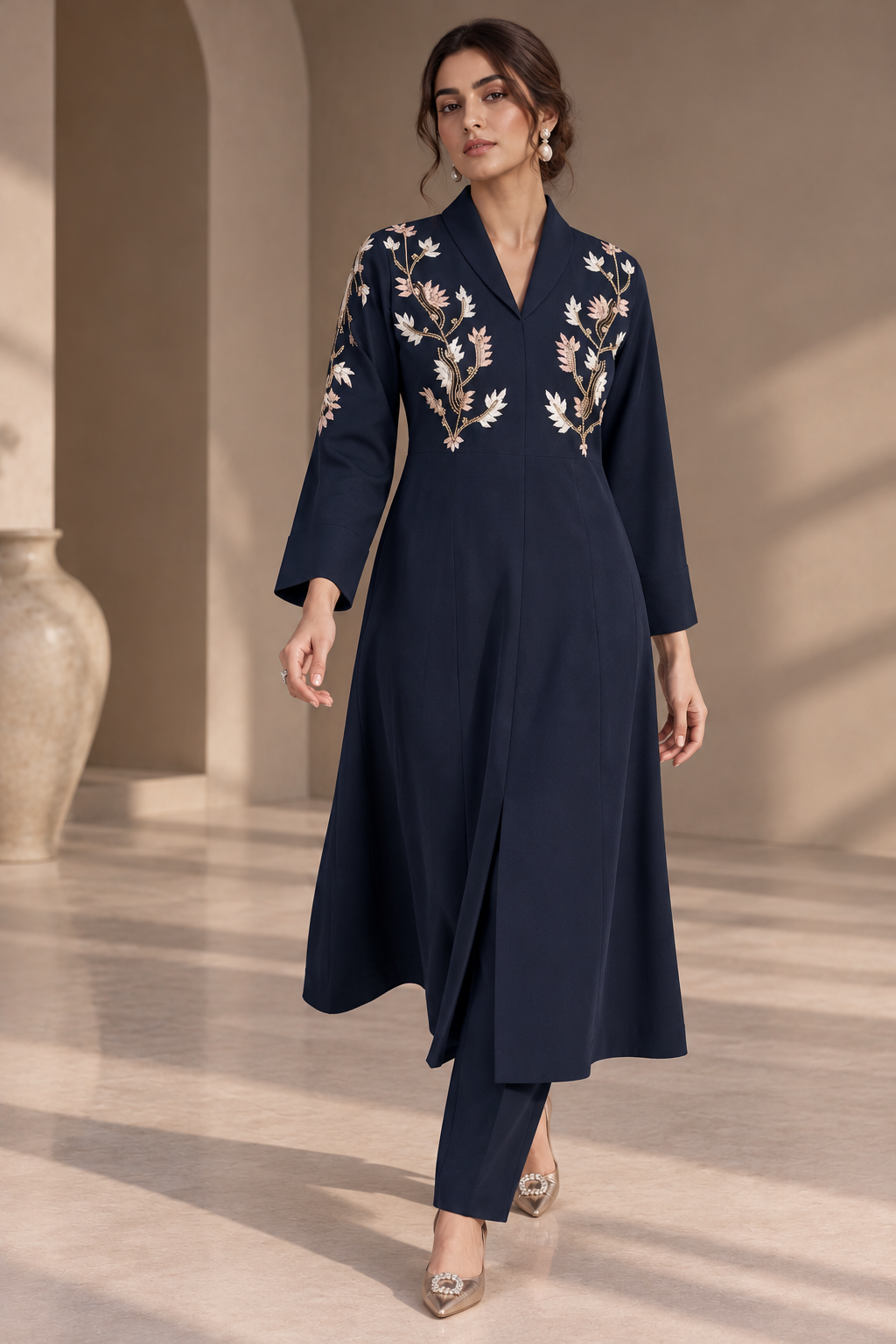 A-Line Kurta Set With Shawl Collar