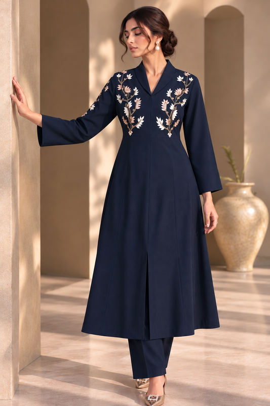 A-Line Kurta Set With Shawl Collar