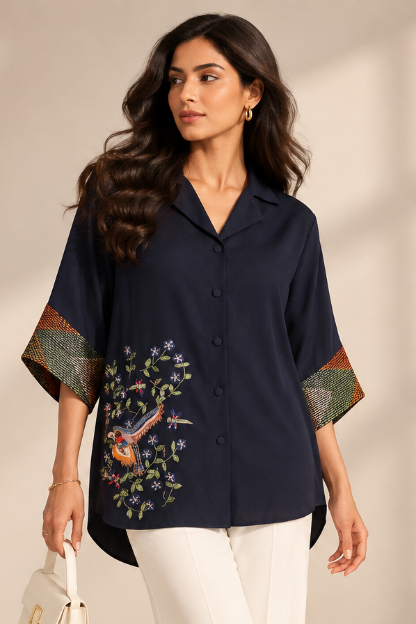 Georgette Shirt With Bird Motif