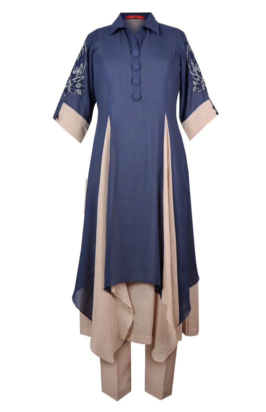 Voile Dual Asymmetric Kurta Set - NAVY