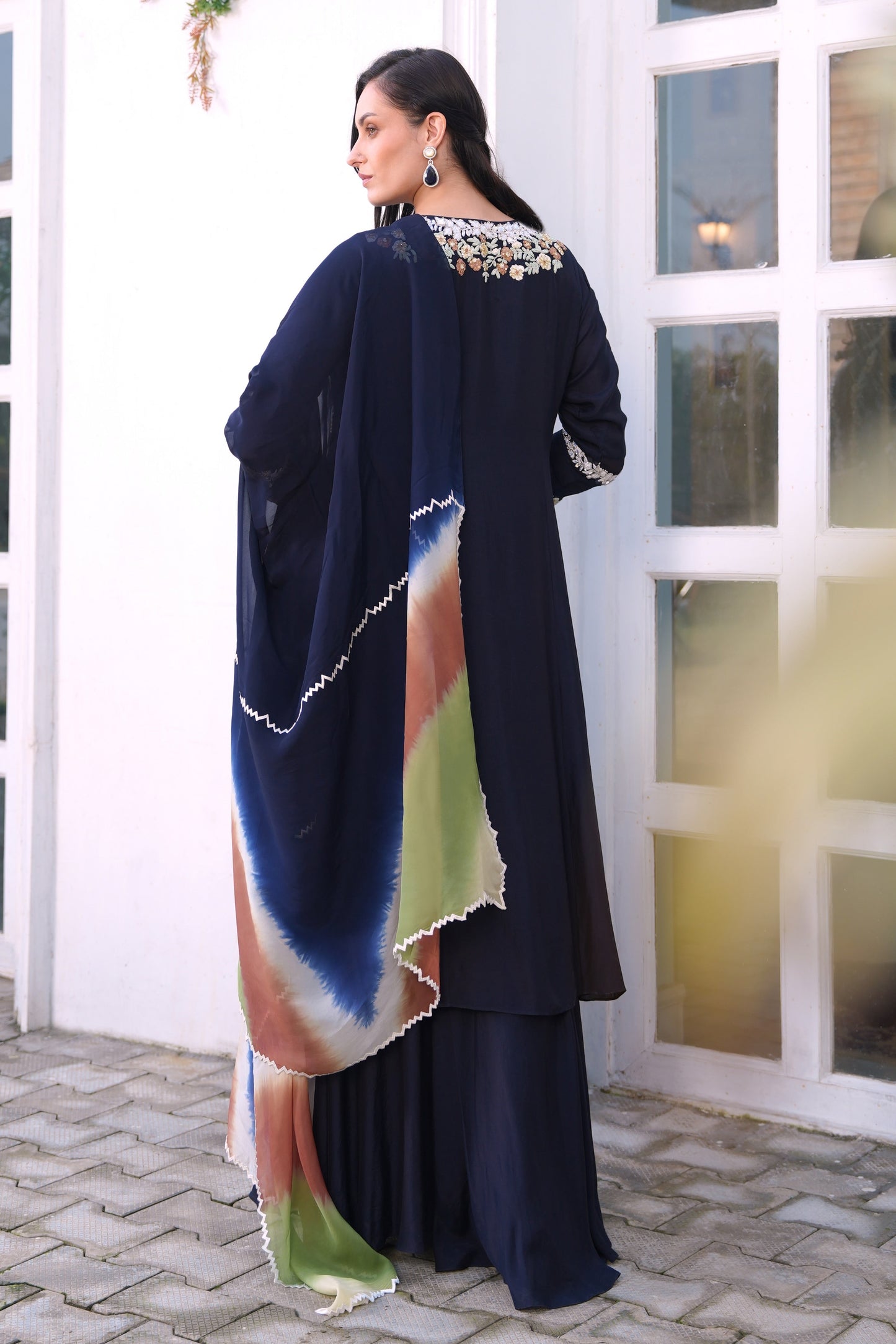 Multicoloured Dori Embroidery Anarkali With Sharara - NAVY