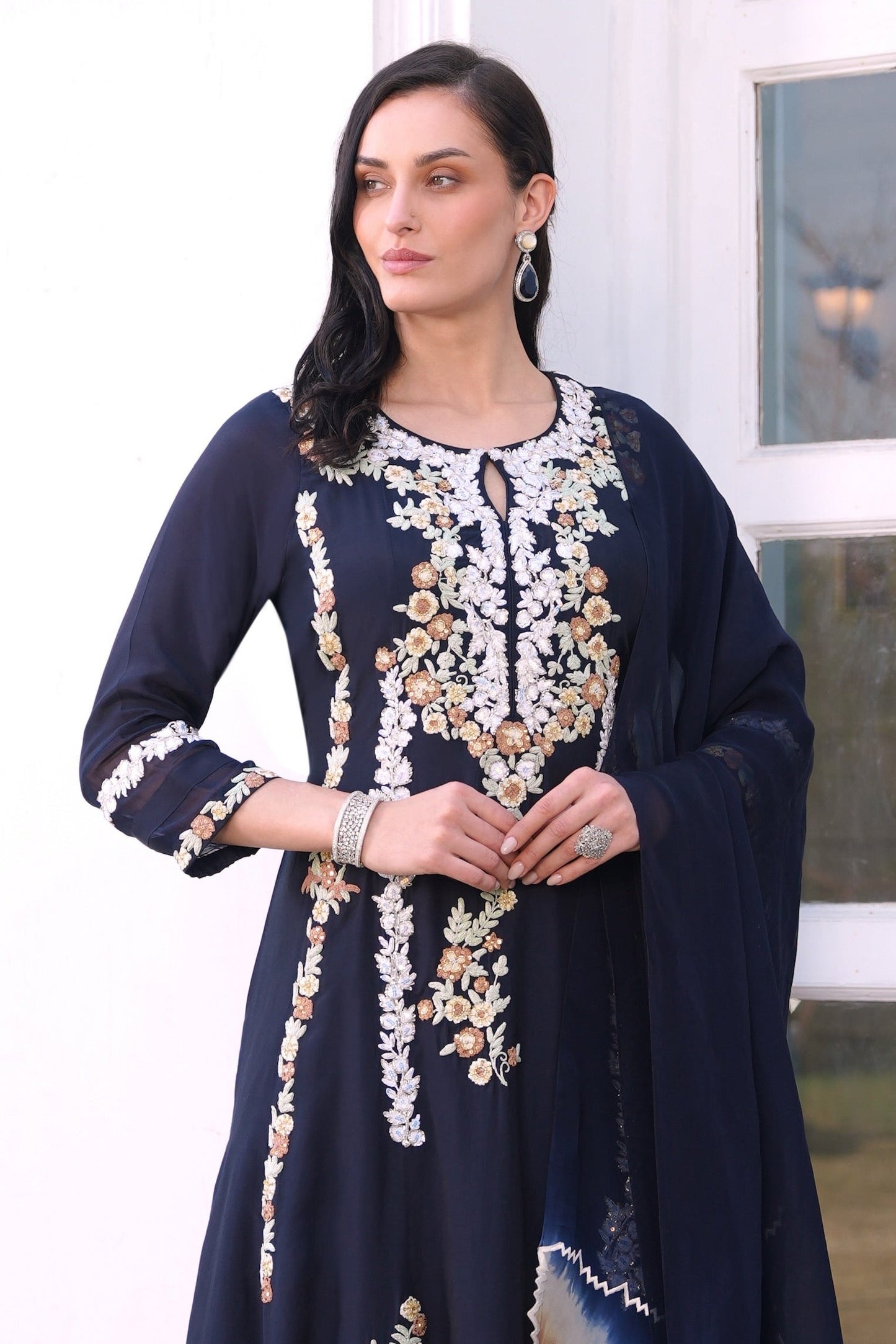 Multicoloured Dori Embroidery Anarkali With Sharara - NAVY