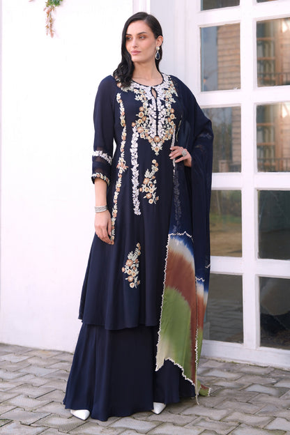 Multicoloured Dori Embroidery Anarkali With Sharara - NAVY