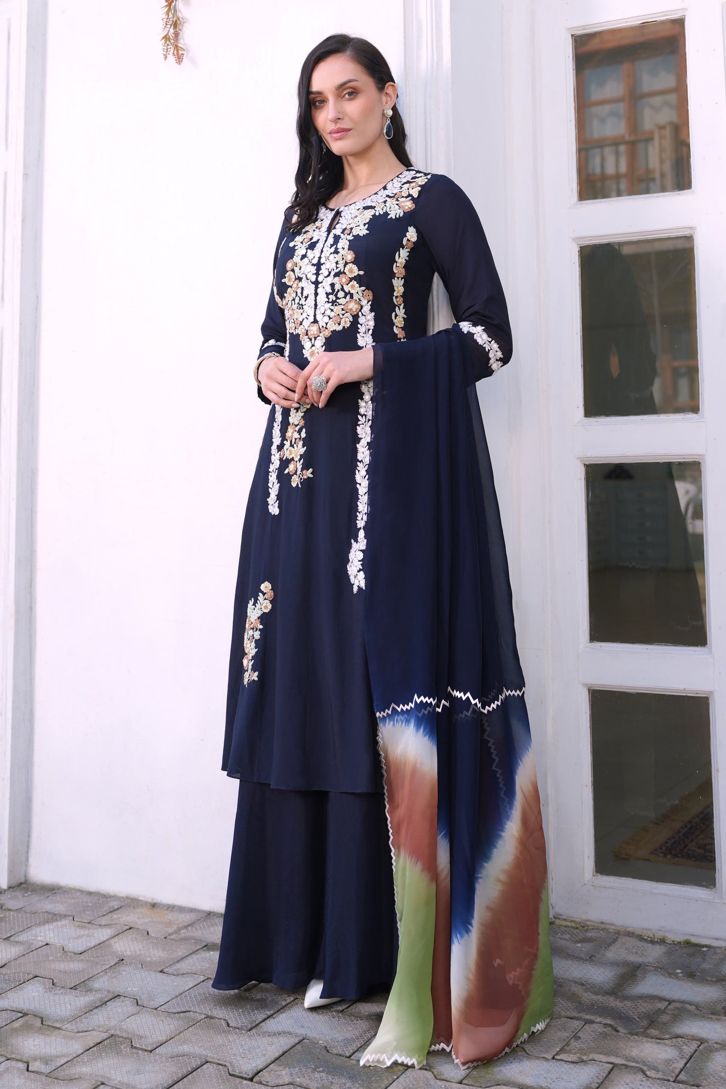 Multicoloured Dori Embroidery Anarkali With Sharara - NAVY