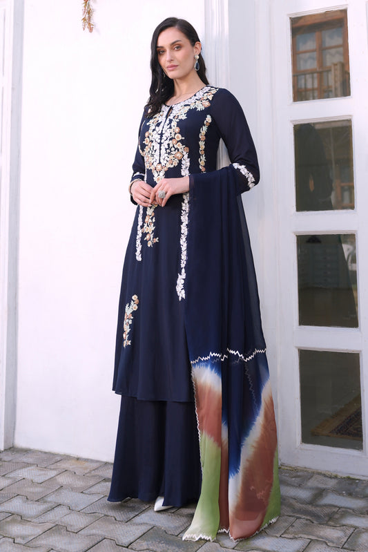 Multicoloured Dori Embroidery Anarkali With Sharara - NAVY