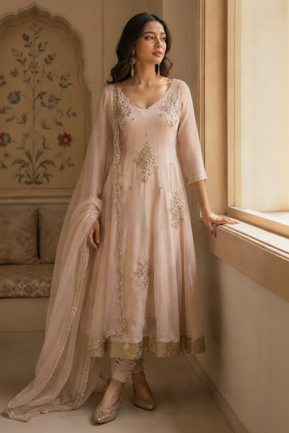 Chiffon Anarkali With Gota Patti Bootas